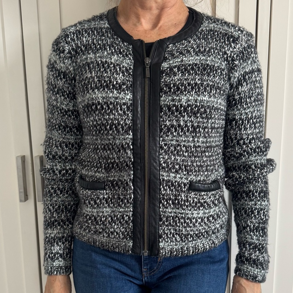 Joie Tweed Cropped Zip Jacket Black Gray XS